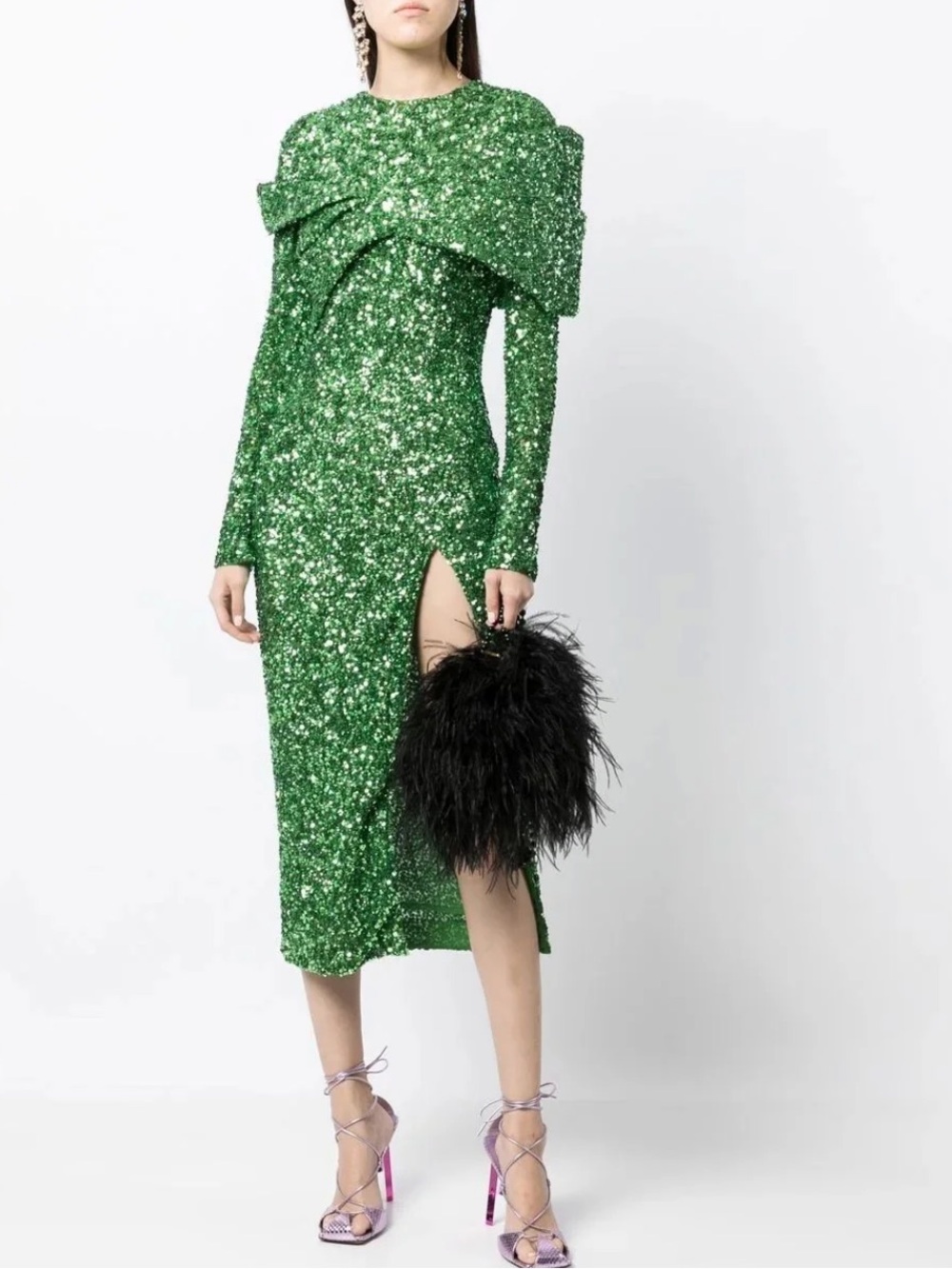 NWT Rachel Gilbert Green Mirella Dress: Sequin Long-Sleeve Midi Dress
